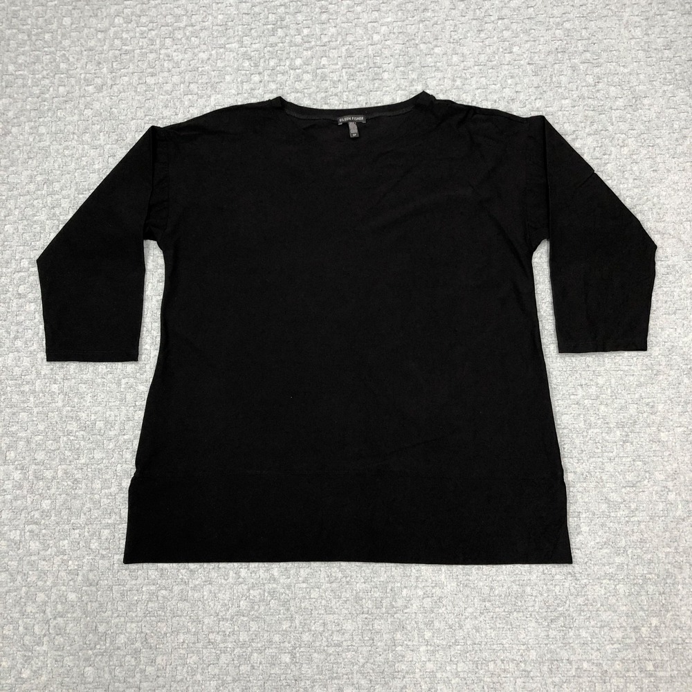 Eileen Fisher Shirt Womens Small Petite Black 3/4 Sleeve Tunic Stretch Made USA